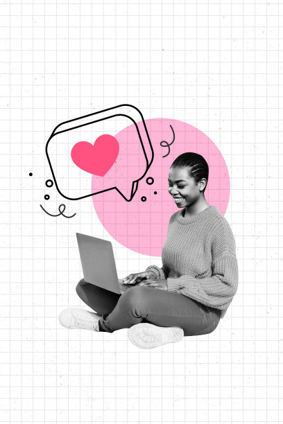 时尚海报拼贴横幅图片，内容是一位快乐的女孩在冲浪，使用笔记本电脑，带有爱心图标，正在写博客，有通知文本框和社交媒体反应。图片下载