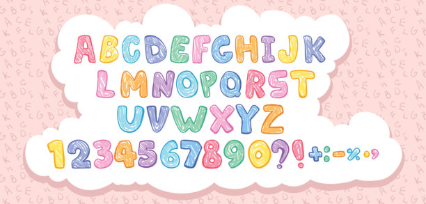 蜡笔儿童字体，涂鸦有趣的俏皮字母，手绘字母和数字。蜡笔字母表，用于教育横幅、学校、幼儿园。矢量卡通儿童插画图片下载