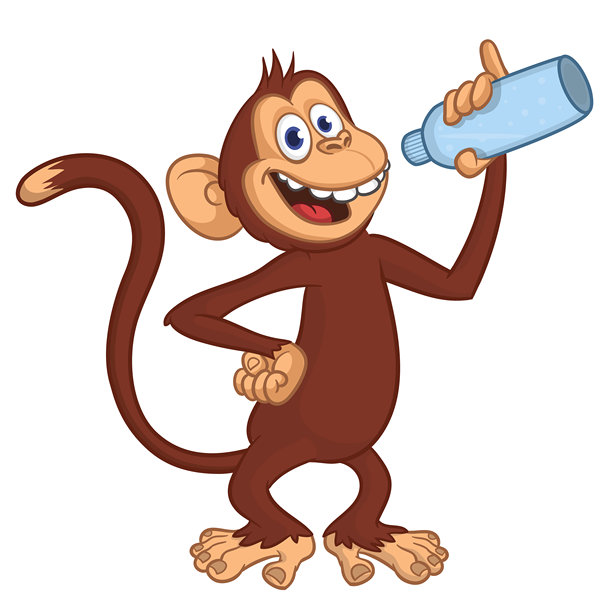 卡通搞笑猴子黑猩猩用瓶子喝水。矢量插画，孤立在白色背景上。图片下载