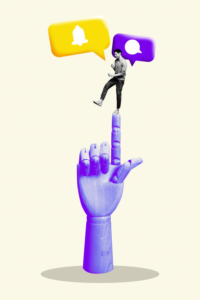 潮流横幅艺术作品 3D 照片拼贴 快乐的男人 跳舞 木手 指着 气泡 沟通 云 话匣子 铃铛 通知图片下载