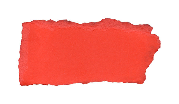 一张孤立在白色的、鲜红色纹理纸上的、中等大小的矩形空白纸张的写实照片，其边缘粗糙不平，呈撕裂状。图片下载