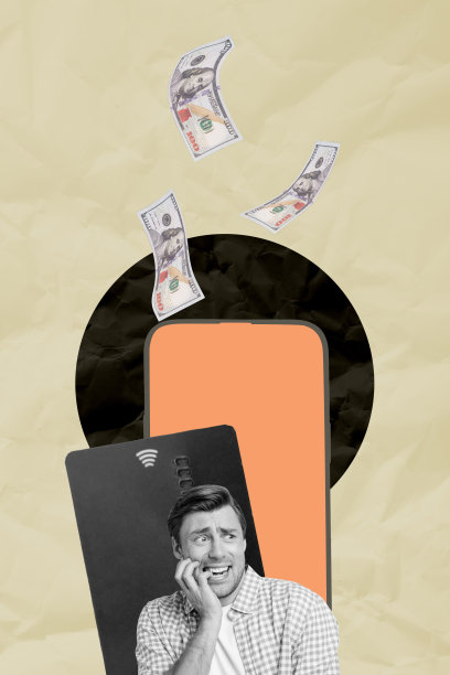 3D杂志风格的拼贴照片，展示了快乐的商界女性和商人，旁边有美元钞票、手机屏幕和信用卡交易。图片下载