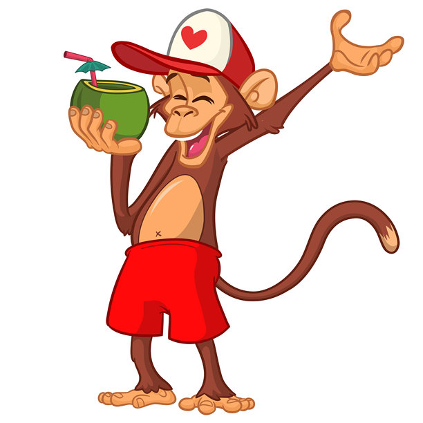 卡通滑稽猴子黑猩猩穿着巴哈马短裤，手持绿色椰子鸡尾酒。矢量插画，孤立在白色背景上。图片下载