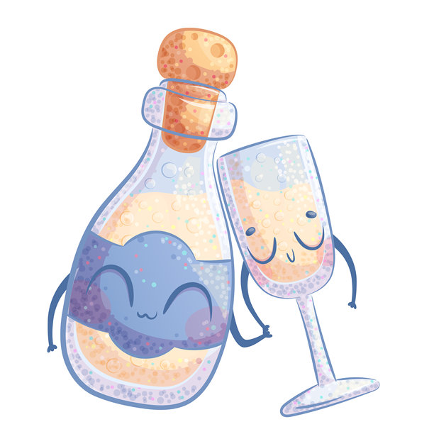 白色背景上可爱的香槟酒瓶和酒杯。一个微笑着的圣诞新年卡通人物。儿童卡通矢量插画图片下载