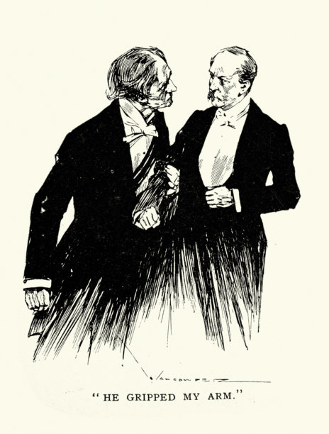 身着晚礼服的两个男人在争吵，他抓着我的胳膊，维多利亚时代，19世纪90年代，19世纪复古插画，来自内莉·K·布利塞特的小说《石骑手》的场景图片下载