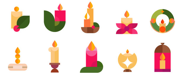 用于装饰的抽象蜡烛，适用于圣诞节、新年、生日或其他节日，采用现代马赛克风格，形状各异。节日扁平化极简设计元素套装。矢量插画。图片下载