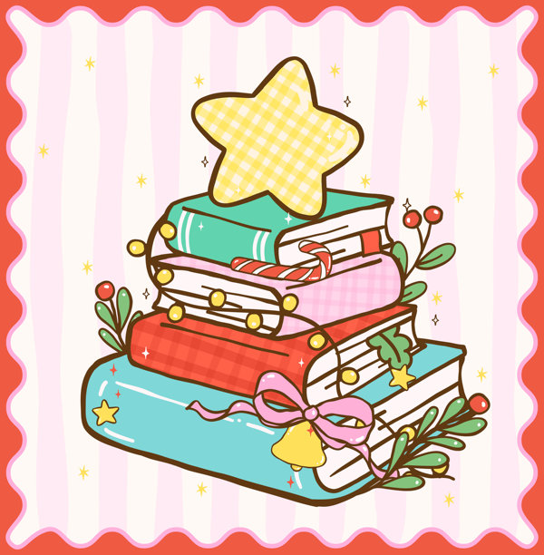 可爱的法国乡村风格格纹圣诞节温馨阅读书迷圣诞树书迷节日卡通手绘插画图片下载