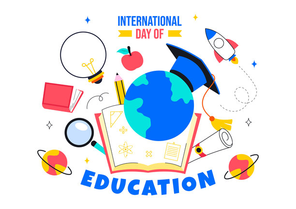 国际教育日矢量插画，1月24日，以学生、书籍和学习工具为特色，背景为扁平风格的卡通图片下载