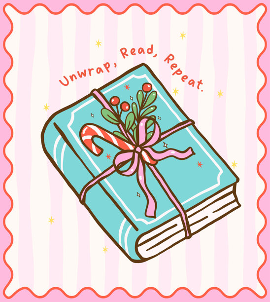 可爱的甜美女孩风格的格纹圣诞节温馨阅读书迷粉色叠放的书籍，戴着圣诞帽，节日卡通手绘插画图片下载