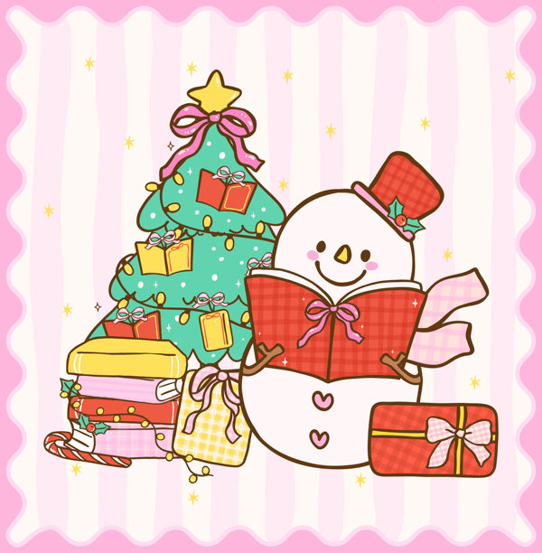 可爱的法国女孩风格的格子圣诞节温馨读书雪人，旁边有圣诞树和一叠书，节日卡通手绘插画图片下载