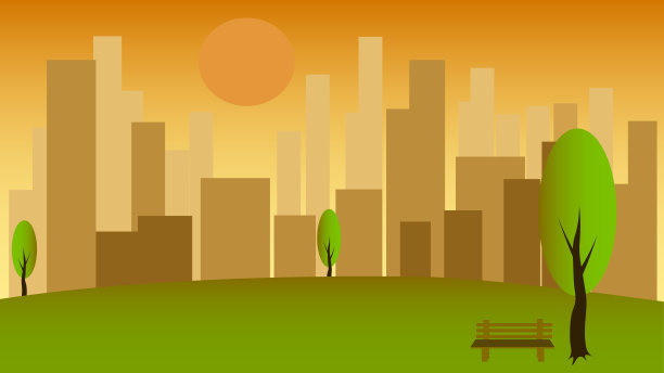 日落时分城市景观，高楼林立，城市公园插画图片下载