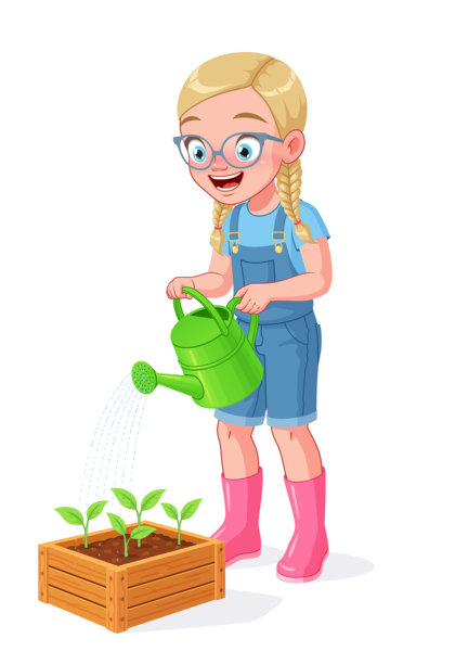 一个戴着眼镜、穿着背带裤的可爱小女孩正在给幼苗浇水。卡通矢量插画。图片下载