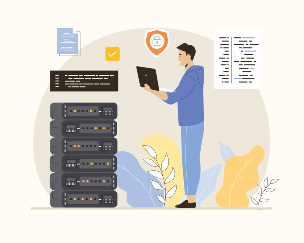 云计算，存储概念。男性开发者在笔记本电脑上工作，使用无线云技术进行编码和编程。扁平化矢量插画。图片下载