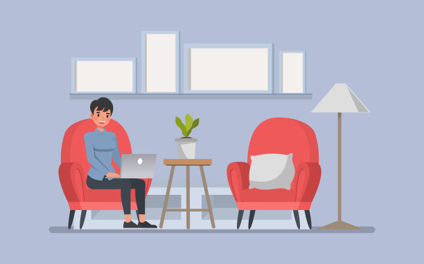 一位穿着蓝色衬衫的女士面带微笑，在舒适的居家办公环境中，采用矢量图插画设计。图片下载