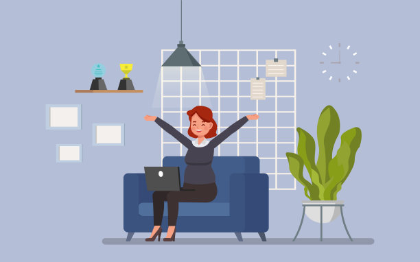 身穿深蓝色衬衫的女性，在家中舒适的办公室环境中工作，矢量插画设计。图片下载