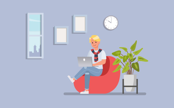 身穿白衬衫的男子，在舒适的居家办公环境中工作，矢量插画设计。图片下载