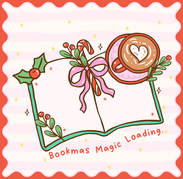 可爱的甜美风格子圣诞节温馨阅读书籍插画，带有空白书本和咖啡杯的节日卡通手绘插画图片下载