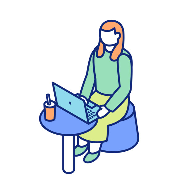 咖啡馆里女性使用笔记本电脑工作的等距插画图片下载