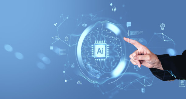 未来科技背景下，一只手在数字屏幕上与人工智能全息大脑界面互动，整体色调为蓝色，并包含科技元素的概念。图片下载
