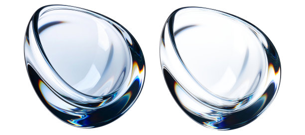两个抛光、高度反光的透明玻璃碗或雕塑容器的抽象 3D 渲染照片，孤立在白色背景上。图片下载