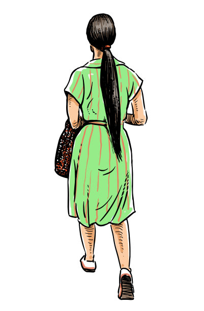 一位苗条的年轻城市女孩，身穿绿色连衣裙，留着长发，在夏日户外行走，背影，写实素描，矢量插画图片下载
