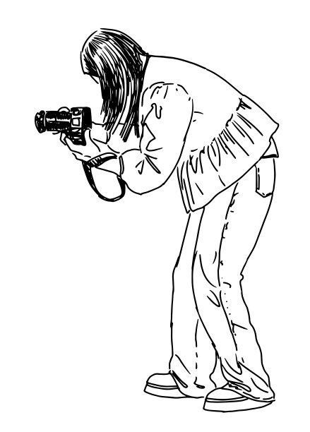 一位年轻的现代都市女孩在户外用相机拍照，创意爱好，侧视图，矢量线条手绘插画图片下载