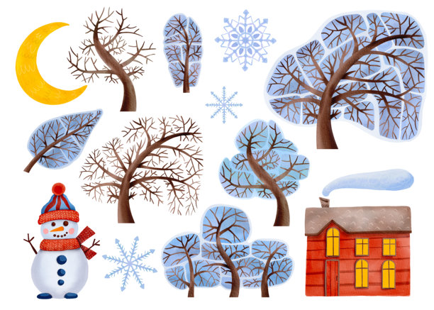 一套简约风格的雪景树木插画，包含雪人与房屋。图片下载