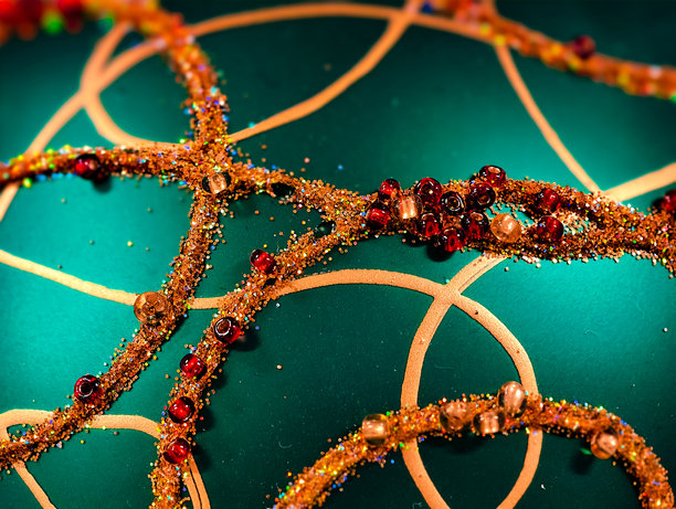 充满活力的绿色圣诞装饰品特写，带有金色漩涡和闪闪发光的珠子 - 专业的节日营销和设计素材照片图片下载