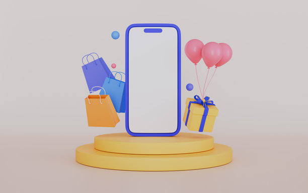 手机、生日礼物、彩纸屑和气球在领奖台上，促销庆典3D插画图片下载