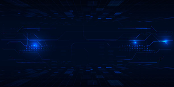 矢量插画：用于横向展示的未来屏幕显示，带有光学屏幕和数字元素网格线电路装饰。未来数字创新与科技概念。图片下载