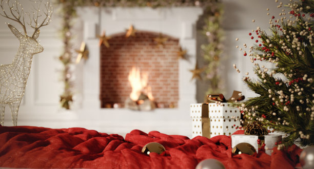 温馨的节日壁炉，装饰有圣诞装饰品和礼物。3D渲染插画图片下载
