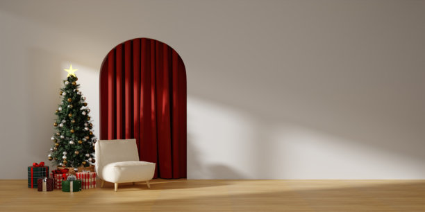 舒适客厅里的圣诞节日装饰。3D渲染插画图片下载