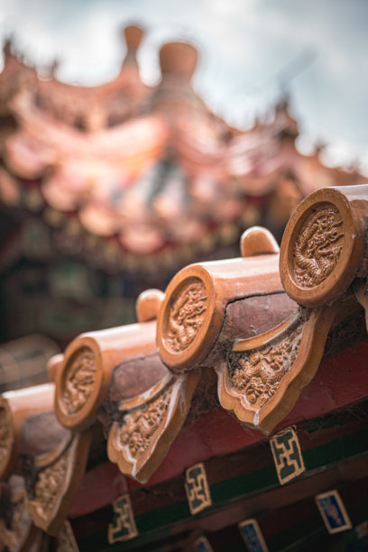 这张图片展示了一座古老建筑的精致细节，很可能是来自一座夏宫。特写镜头捕捉了带有精美图案的华丽屋瓦，背景中还可以看到建筑的其他部分。图片下载