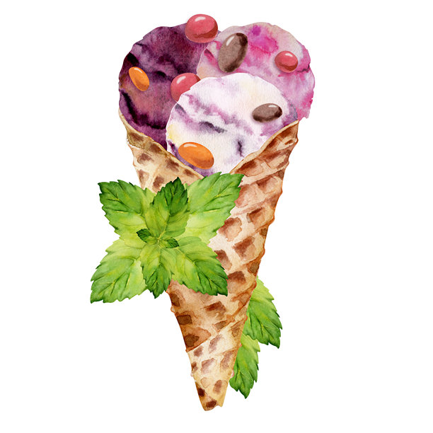 浆果冰淇淋，装在华夫脆筒里，撒有糖衣巧克力豆和薄荷叶。手绘水彩插画，孤立。儿童菜单贴纸，甜点产品卡，糖果品牌设计。图片下载