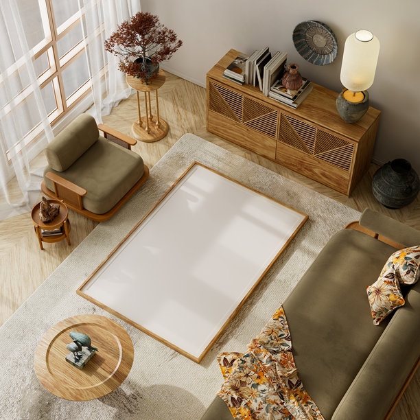 自然风格的日式客厅，配有橄榄绿沙发和暖木家具。现代客厅内的海报画框模型。三维插画。图片下载