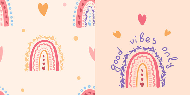 色彩缤纷的手绘彩虹和心形无缝图案。可爱的波西米亚风格矢量背景，适用于儿童、纺织品、壁纸、包装纸、婴儿房装饰、婴儿印花。矢量插画。图片下载