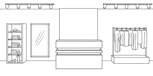 连衣裙店内部的黑白素描插画矢量图图片下载