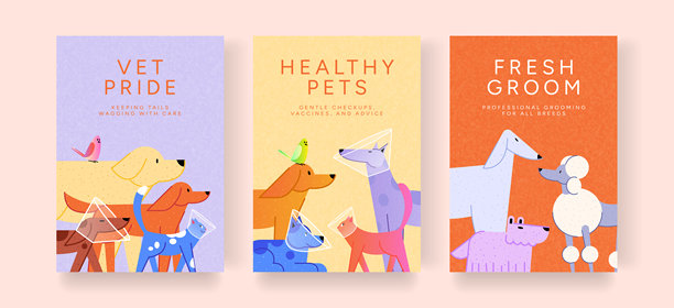 一组包含猫狗的宠物护理和美容的兽医海报矢量插画图片下载