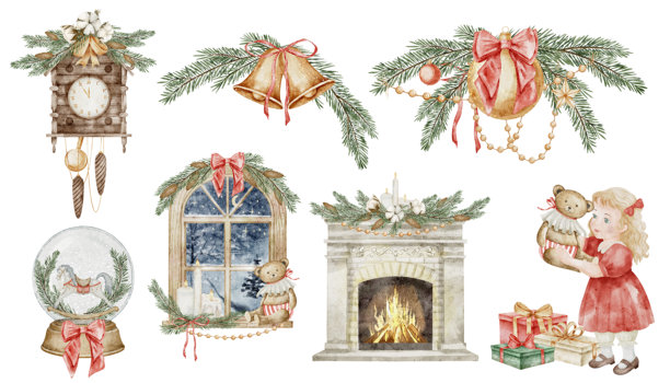水彩圣诞构图集，包含节日元素——窗户、壁炉、礼物和玩具。复古风格的圣诞树装饰插画，适用于新年节日贺卡和海报。图片下载