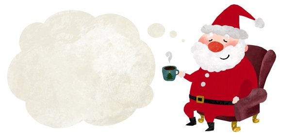 圣诞老人休息并喝咖啡的圣诞插画，以及一个云朵形状的对话气泡图片下载