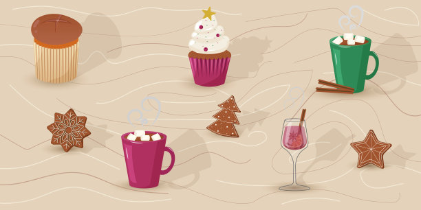 圣诞咖啡时光套装。平铺设计，包含意式圣诞面包、姜饼、可可杯和热红酒杯，孤立。适用于社交媒体、菜单、横幅的冬季矢量插画。图片下载