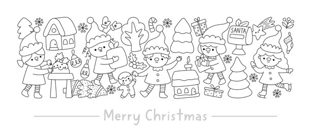 矢量黑白圣诞节横幅插画集，包含可爱的冬季假日角色。新年线条卡片模板设计或着色页，含有精灵、礼物、树木、房屋、姜饼人。图片下载