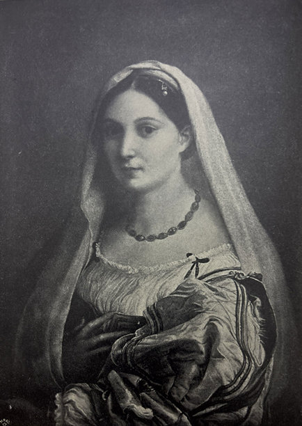 古老插画 - 戴面纱的女士 - 一位身份不明的女士肖像，据推测是西斯廷圣母的模特 - 位于佛罗伦萨皮蒂宫图片下载