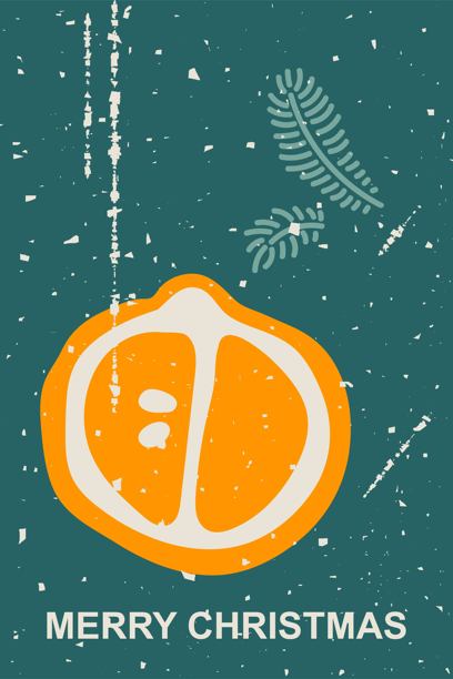 圣诞贺卡，带有复古纹理。彩色涂鸦矢量插画，简单的“圣诞快乐”贺卡。包含橘子和云杉枝的图标。带有做旧纹理的模板。嬉皮风格图片下载