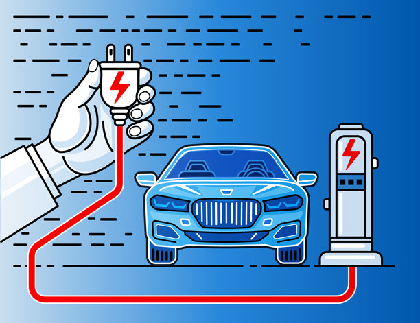 手在充电站为电动汽车充电的扁平化设计轮廓插画图片下载