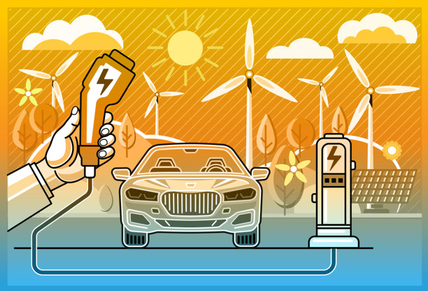 电动汽车在绿色自然环境中的充电站，带有风力涡轮机，扁平化设计轮廓插画图片下载