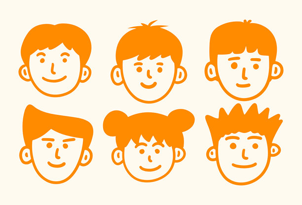 手绘涂鸦人物面孔图标集。抽象橙色快乐头像合集。极简可爱卡通头部矢量集。简单素描肖像或个人资料图片图片下载