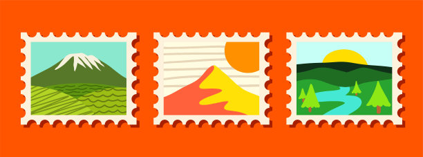 一套复古世界旅行明信片邮票插画。复古风格国际国家风景邮政贴纸收藏。抽象卡通风格旅行贴纸套装。图片下载