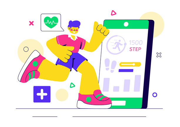 手机健康追踪应用插画，包含用于监测心跳、体温和身体活动的远程医疗设备，关注心理健康图片下载