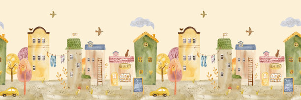 可爱的水彩城市边框图案，包含温馨的房屋、面包店、树木和汽车。富有童趣的儿童插画横幅，非常适合托儿所装饰、卡片、包装纸和都市秋季设计。图片下载